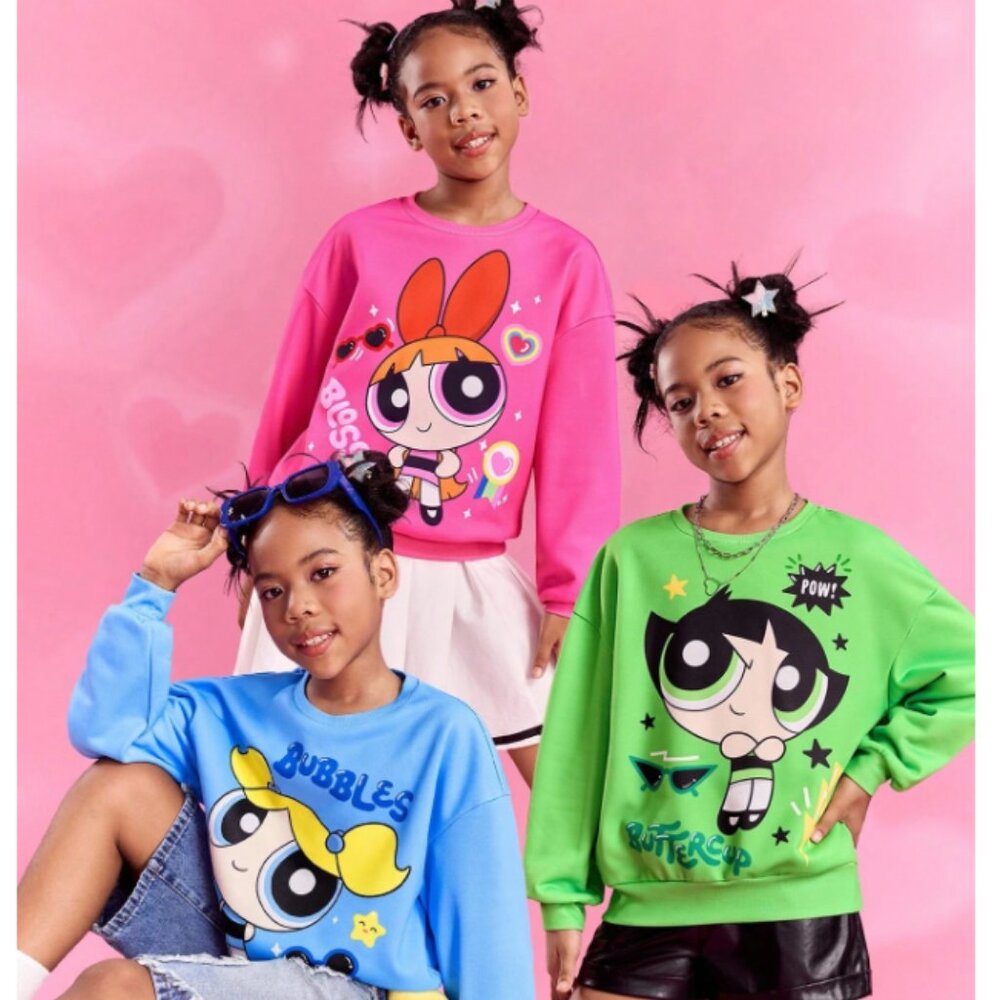 THE POWERPUFF GIRLS X SHEIN Tween Girl 3pcs Cartoon Pattern Casual Drop Shoulder